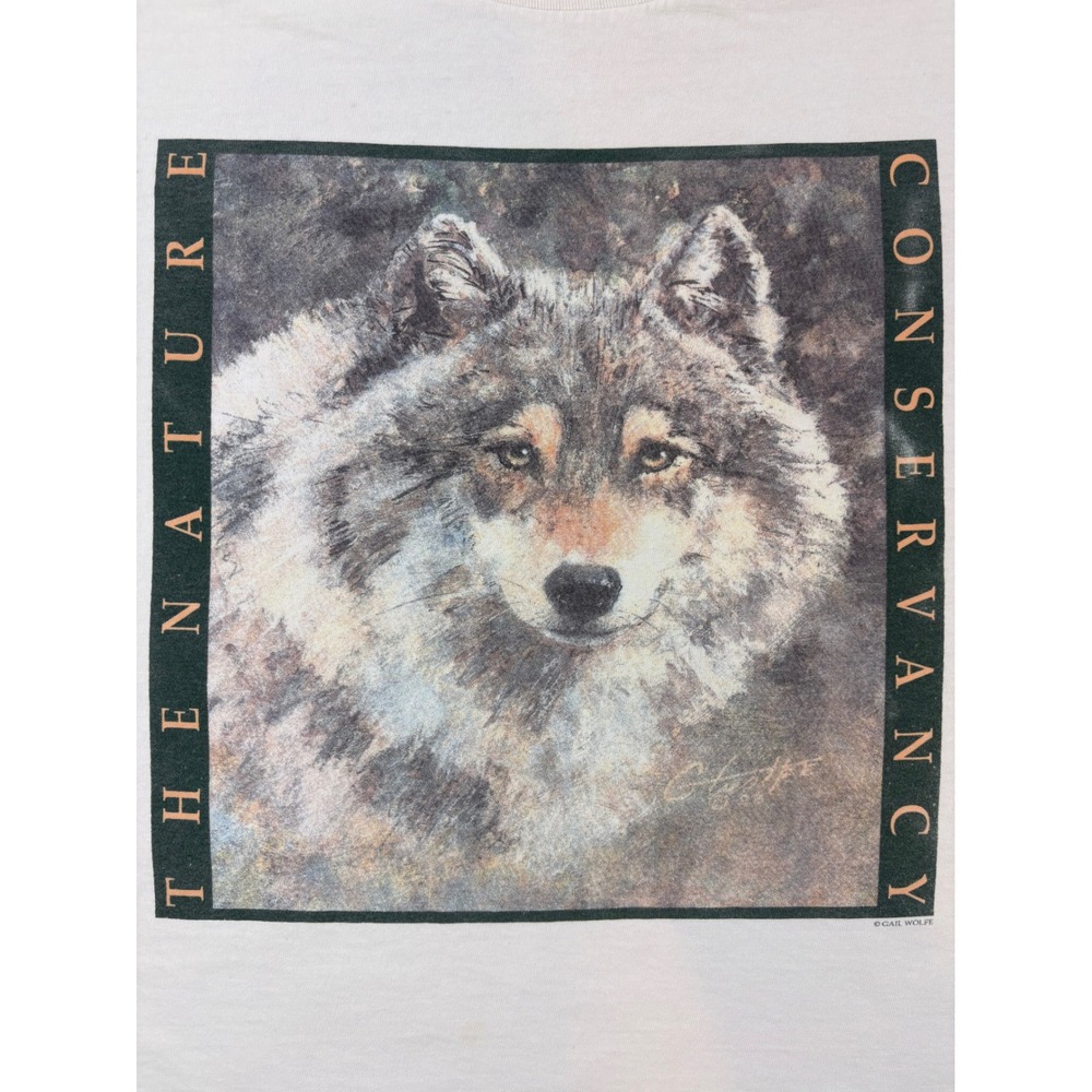 Vintage Nature Conservancy Wolf T-Shirt Down to Earth Gail Wolfe White XL